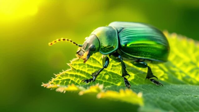 A beetle clinging to a leaf its metallic green shell almost appearing to be glowing in the sunlight.