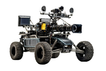 A camera is securely mounted on the rear of a moving vehicle, capturing real-time footage of the road and surroundings. Isolated on a Transparent Background PNG.