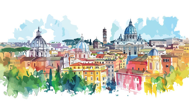 Watercolor drawing picture of city scape view of Rome