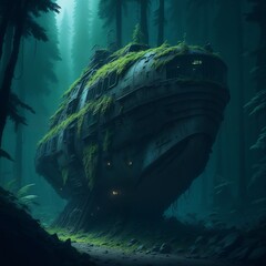 Abandoned spaceship in the forest. Photorealistic picture in square aspect ratio.