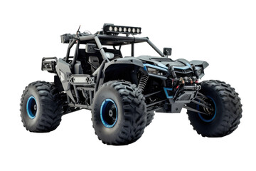 A large four wheeled vehicle with oversized wheels navigates rough terrain, showcasing its robust build and rugged capabilities. Isolated on a Transparent Background PNG.