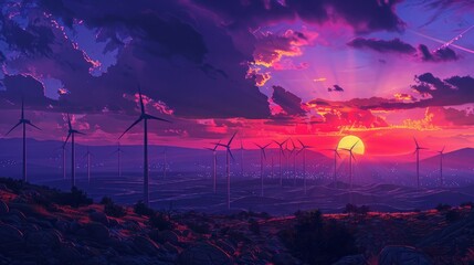 Wind turbines stand tall against the backdrop of a vibrant purple sunset, creating a picturesque scene.
