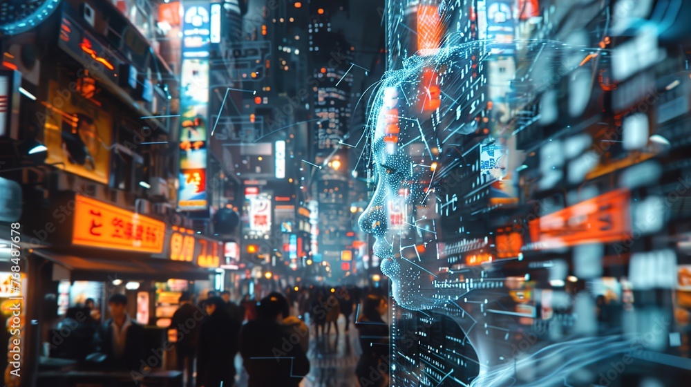 Poster augmented reality interfaces overlaid onto urban landscapes, blurring the boundaries between the phy