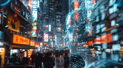 Augmented reality interfaces overlaid onto urban landscapes, blurring the boundaries between the physical and virtual worlds in a cyberpunk vision of the future in