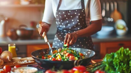 Midsection of african american woman preparing meal garnishing vegetables in sunny kitchen. cooking, food, healthy lifestyle and domestic life.