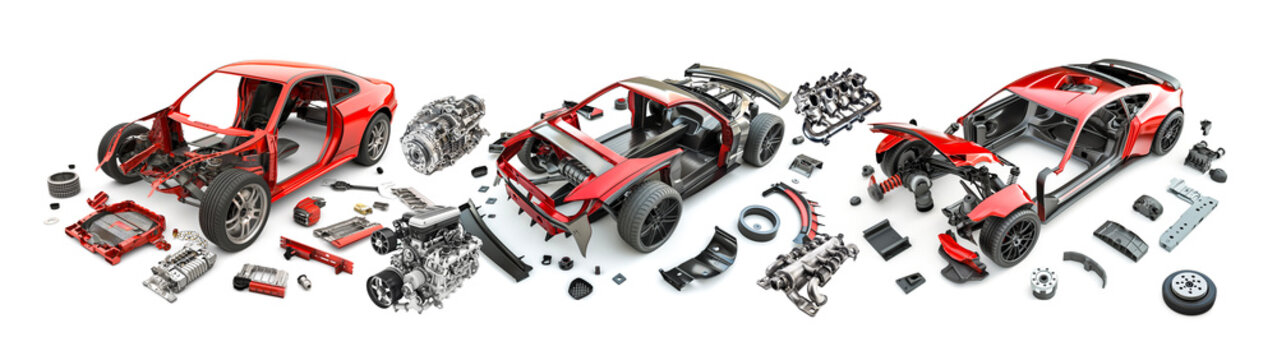 Illustration of three red car bodies  with the parts on the side for maintenance and repair concept, AI-Generated image.	