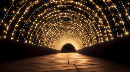 Empty street with a tunnel of string lights - obrazy, fototapety, plakaty