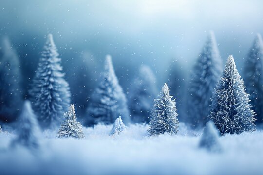 Winter forest with snow covered trees,  Christmas and New Year background