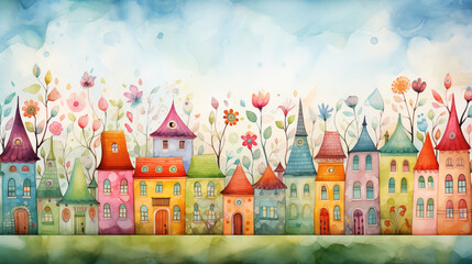 Illustration. Watercolor painting of a fantasy castle, fairytale kingdom.