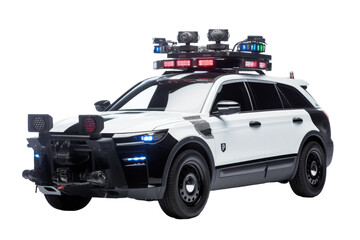 A police car with its emergency lights flashing on top, likely responding to a call or patrolling the area. Isolated on a Transparent Background PNG. - obrazy, fototapety, plakaty