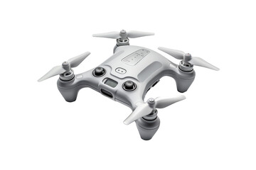A grey and white remote controlled flying device hovering in the air, displaying its sleek design and advanced technology. Isolated on a Transparent Background PNG.