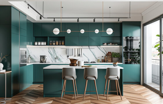 A modern kitchen with teal cabinets, white walls and marble countertops in an apartment. The kitchen features teal cabinets and white walls with marble countertops