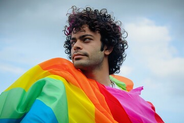 Portrait of a young man with a rainbow flag on his face