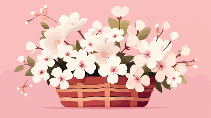 Fototapeta na wymiar White flowers in wooden basket on pink spring background