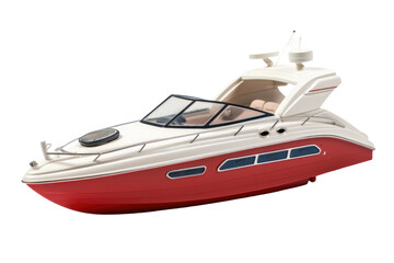 A white and red boat with a black seat floating on calm water. The boat is sturdy and well-built,...