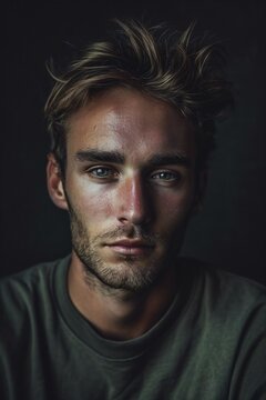 Portrait of a handsome young man in a dark room,  Men's beauty, fashion