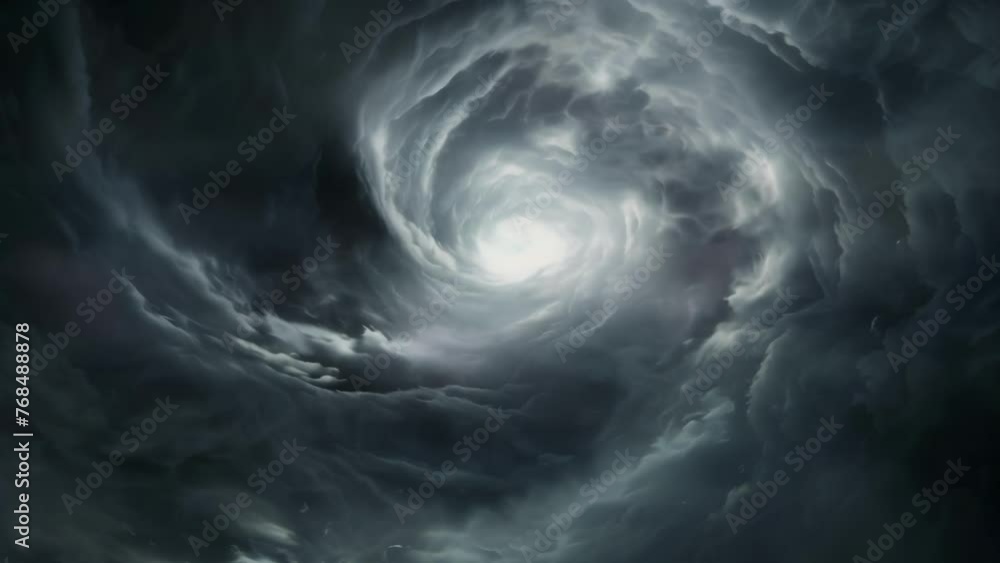 Poster a swirling vortex of dark clouds and wind with a serene and clear circle in the middle representing 