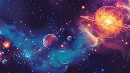 Science symposium banner with galaxy and atoms visuals - obrazy, fototapety, plakaty