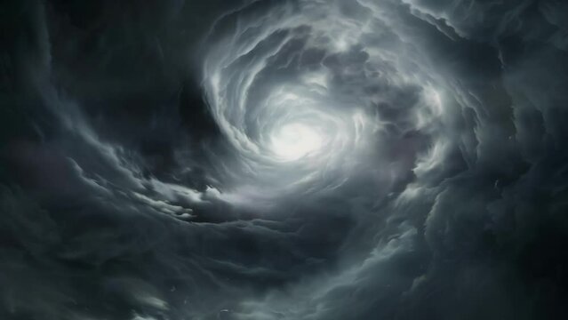 A swirling vortex of dark clouds and wind with a serene and clear circle in the middle representing the eye of the hurricane.