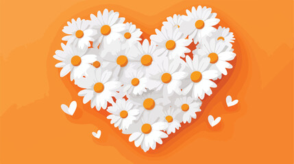 White heart made of chamomile flower on vivid orange