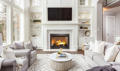 Fototapeta premium an elegant living room in a modern home with white walls, large windows and a fireplace. The space is well lit by natural light coming through the window