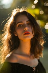 Portrait of a beautiful girl with long hair in a black dress in the rays of the setting sun