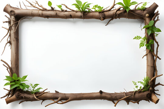 Wooden Root Frame, Root Border Frame, White Background Copy Space Area