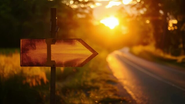 A road sign points the way towards the setting sun inviting travelers to keep going and see where the road takes them.