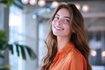 Side view of a Brunette business woman happy at office talking to someone