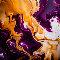 Obraz premium Color paint liquid mixture forming abstract marble texture with purple and yellow colors.