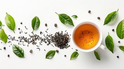 Cup of Tea and Coffee with Mint on Saucer Cup of tea and tea leaves border isolated on white background banner panorama, top view, flat lay 