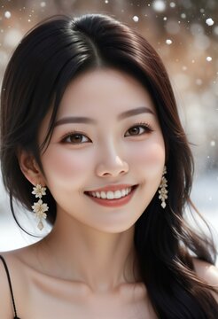 Beautiful asian woman in winter with snow, asian beauty