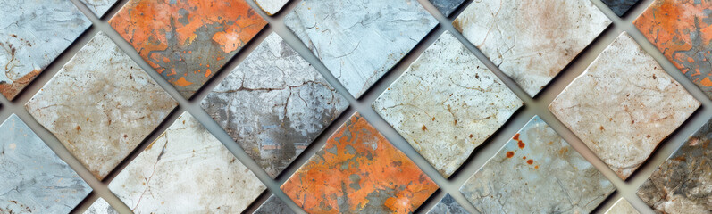Abstract 3D vintage worn shabby diamond patterns grace streets, tiles, stones, concrete, cement, and marble walls, offering diverse textures.