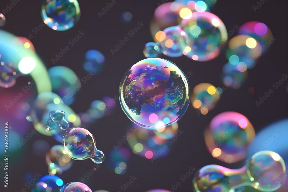 Poster realistic colorful bubbles in a generative ai cleaning simulation. concept ai, generative art, color