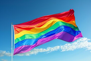 Rainbow flag waving in the wind on a background of blue sky