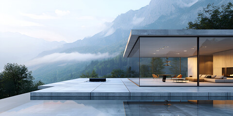 A glass house in the mountains