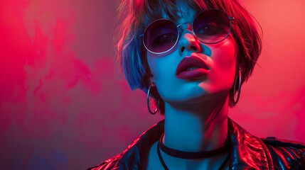 Fashion young girl with short elf high colored hair and stylish sunglasses in red and blue neon trendy hair style, hipster attitude, woman power, light in the studio, concept of modern 
