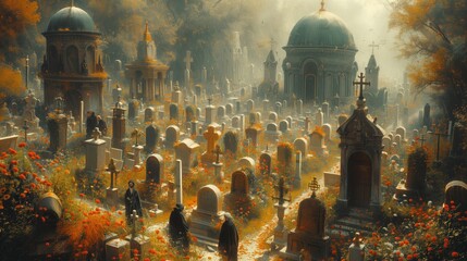 old cemetery on an autumn day - obrazy, fototapety, plakaty