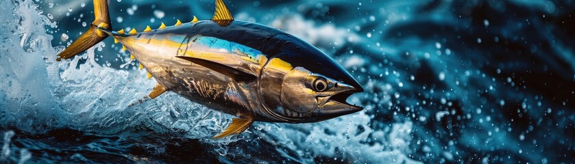 A dynamic illustration of a tuna fish caught mid-leap above the water highlighting its strength and agility