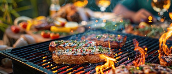 Fototapeta premium A festive scene of a summer barbecue with tuna steaks grilling over an open flame surrounded by friends and family