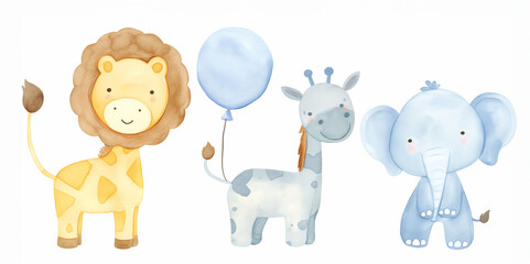 Watercolor illustration of a lion, giraffe, and elephant with pastel balloons, ideal for nursery decor.