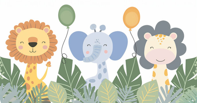  Watercolor animals with balloons in a jungle setting for a playful and cheerful nursery theme.