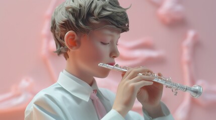 Boy playing oboe, concert hall, side close-up, reed and finger coordinationorigami, pastel, cute