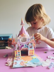 Child creating cardboard castle, crafty mess, front view, glue and paper everywhereorigami, pastel, cute