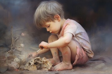 Child digging in archaeological site, dusty background, mid-action, brush in handorigami, pastel, cute