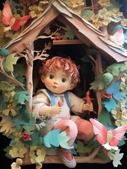 Child in treehouse, woodland, looking out, sense of adventureorigami, pastel, cute