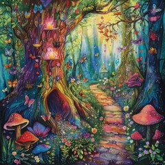 With whimsical creatures and towering trees, the enchanted forest is alive with vivid hues and magical charm