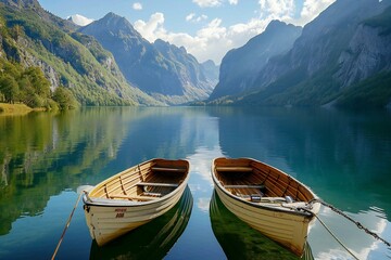 Fototapeta na wymiar Two boats on the shore of a lake in the Alps, Austria