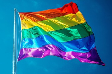 Rainbow flag waving in the wind on blue sky background,  LGBT community symbol