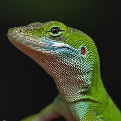 Close-up portrait of a green lizard on a black background